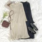 Long-sleeve Plain Ruffle Trim Midi Knit Dress