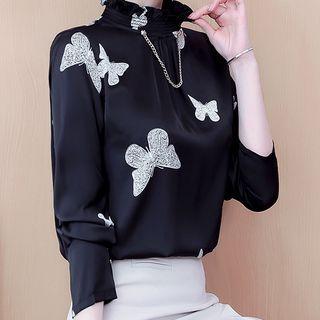 Mock-neck Butterfly Print Blouse