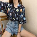 Short-sleeve Planet Print Shirt As Shown In Figure - One Size