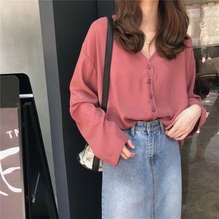 V-neck Plain Button Top