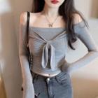 Off-shoulder Tie-front T-shirt