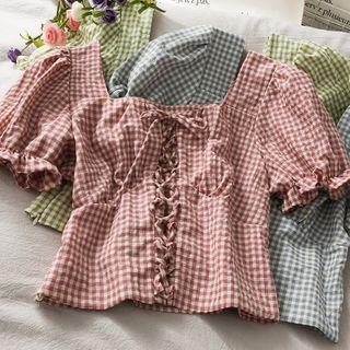 Checker Lace-up Crop Shirt In 5 Colors