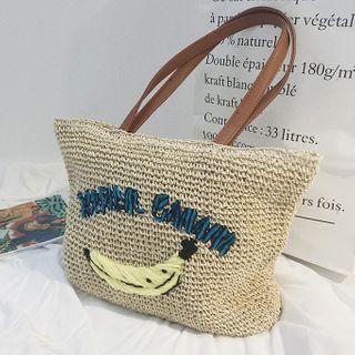 Embroidered Woven Tote Bag Green Lettering - Beige - One Size