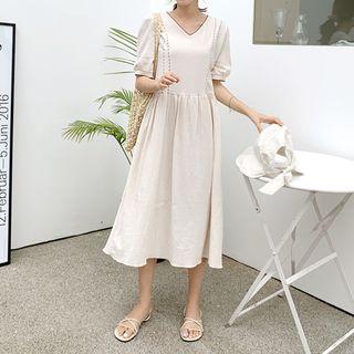 V-neck Contrast-trim Midi Dress Light Beige - One Size
