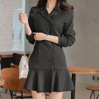 Long-sleeve Striped Double-breasted Mini Sheath Dress