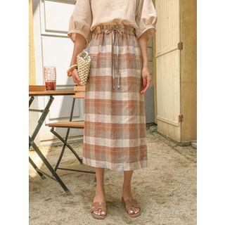 Beribboned Plaid Long Linen Skirt