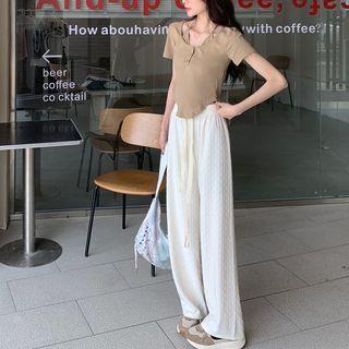 High Waist Wide Leg Pants / Short-sleeve Mock Two-piece T-shirt