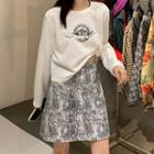 Long-sleeve Print Cropped T-shirt / Tie-dye Print Mini A-line Skirt