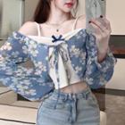 Mock Two-piece Long-sleeve Floral Print Panel Crop Top White Floral - Blue & White - One Size