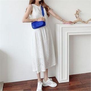 Sleeveless Eyelet-lace Long Dress White - One Size