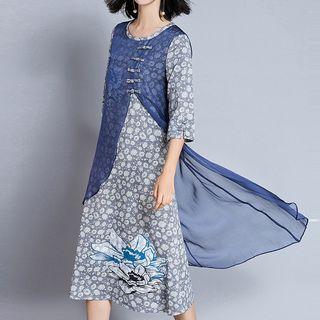Floral Print 3/4 Sleeve Layered Dress