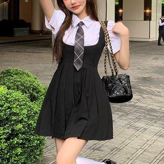 Short-sleeve Plain Shirt / Plaid Tie / Mini Overall Dress / Set