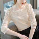 Square-neck Elbow-sleeve Lace Panel Shirt