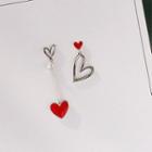 Asymmetric Heart Ear Stud 1 Pair - Red Heart - Silver - One Size