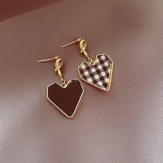 Heart Checker Asymmetrical Alloy Dangle Earring 1 Pair - Checkered - Black & Gold - One Size