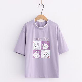 Short-sleeve Cartoon Print T-shirt / Plaid Pleated Mini A-line Skirt
