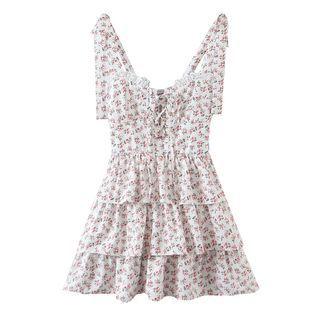 Strappy Tie-shoulder Floral Mini Layered Dress