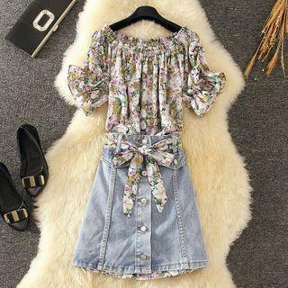 Set: Short-sleeve Floral Dress + Denim Skirt