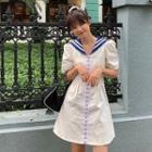 Puff-sleeve Sailor Collar A-line Dress White - One Size