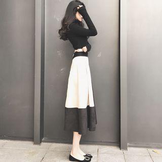 Color Panel Faux Suede Midi Skirt