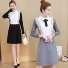 Long-sleeve Lace-panel Bow-accent Tweed Dress
