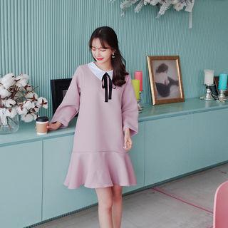 Beribboned Ruffle-hem Shirtdress