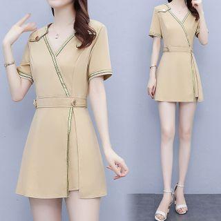 Set: Short-sleeve Contrast Trim Blouse + Shorts