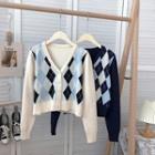 V-neck Color Block Rhomboid Knit Sweater