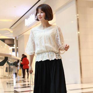 Flutter-sleeve Scallop-edge Lace Peplum Top Cream - One Size
