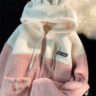 Two-tone Rabbit Ear Hooded Fleece Jacket