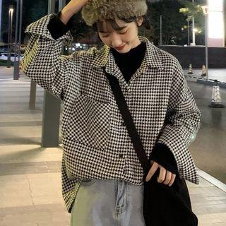 Plain Long-sleeve T-shirt / Houndtooth Button Coat