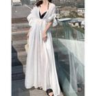 Elbow-sleeve Plain A-line Maxi Dress White - One Size