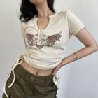 Short-sleeve Butterfly Print Drawstring Ribbed T-shirt