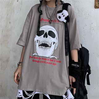 3/4-sleeve Skull Print T-shirt