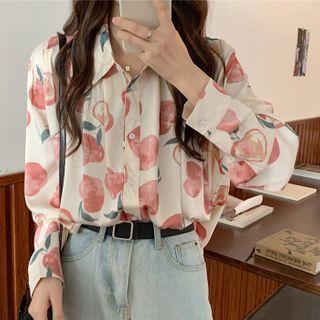 Long Sleeve Peach Print Pleated Shirt