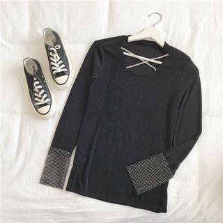 Long-sleeve Rhinestone Panel Top Black - One Size
