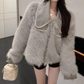 Faux Pearl Collar Fluffy Jacket