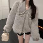 Faux Pearl Collar Fluffy Jacket