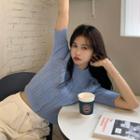 Short-sleeve Mock-neck Button-up Knit Top
