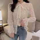 Long-sleeve Tie-neck Lace Ruffled Blouse Almond - One Size