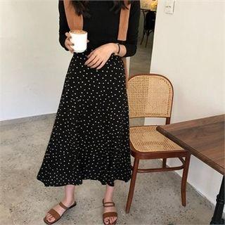 Band-waist Polka-dot Maxi Skirt Black - One Size