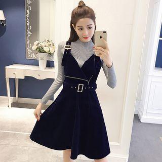 Set: Mock Neck Long Sleeve Knit Top + Velvet Pinafore Dress