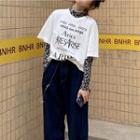 Turtleneck Leopard Long-sleeve Top / Lettering Short-sleeve T-shirt