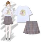 Short-sleeve Cartoon Print T-shirt / Plaid A-line Skirt