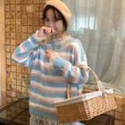 Long-sleeve Frill Trim Chiffon Top / Striped Sweater
