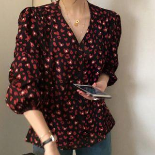 Puff-sleeve Heart Print Blouse Black - One Size