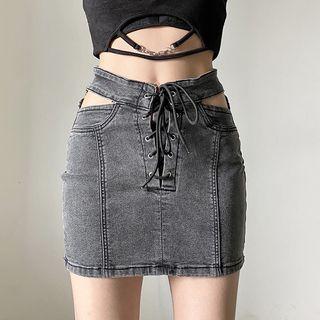 Lace-up Cutout Denim Mini Pencil Skirt