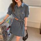 Short-sleeve Mini A-line Denim Dress Denim Dress - Blue - One Size