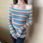 Striped Long-sleeve Knit Top Rainbow - One Size