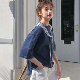 Set: Elbow-sleeve T-shirt + Scarf Sapphire Blue - One Size